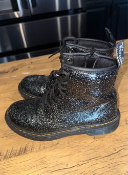 Dr. Martens Kids Black Silver Glitter Patent Combat Boots Zip Lace-Up