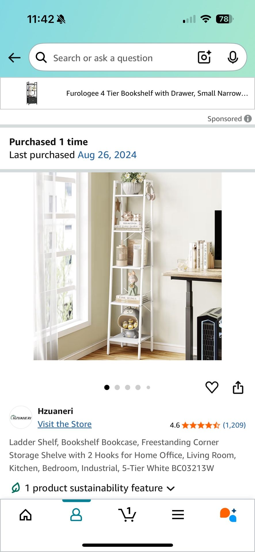 Ladder Shelf, Bookshelf Bookcase, Freestanding Corner Storage Shelve with 2 Hooks for Home Office, Living Room, Kitchen, Bedroom, Industrial, 5-Tier W