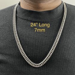 Stainless Steel Silver 7mm Cuber Link Chain Necklace Lobster Clasp 24"Long Chain Necklace For Men Women - CHN