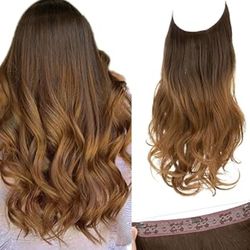 SARLA Ombre Invisible Wire Hair Extensions with 3 Clips Short Synthetic Wavy Curly Hairpiece Adjustable Transparent Headband for Women 14 Inch Brown t