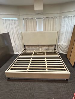 King Size Upholstered Platform Bed Frame – Cream / Beige