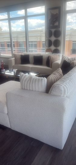 White Bouclé Sectional Sofa with Chaise