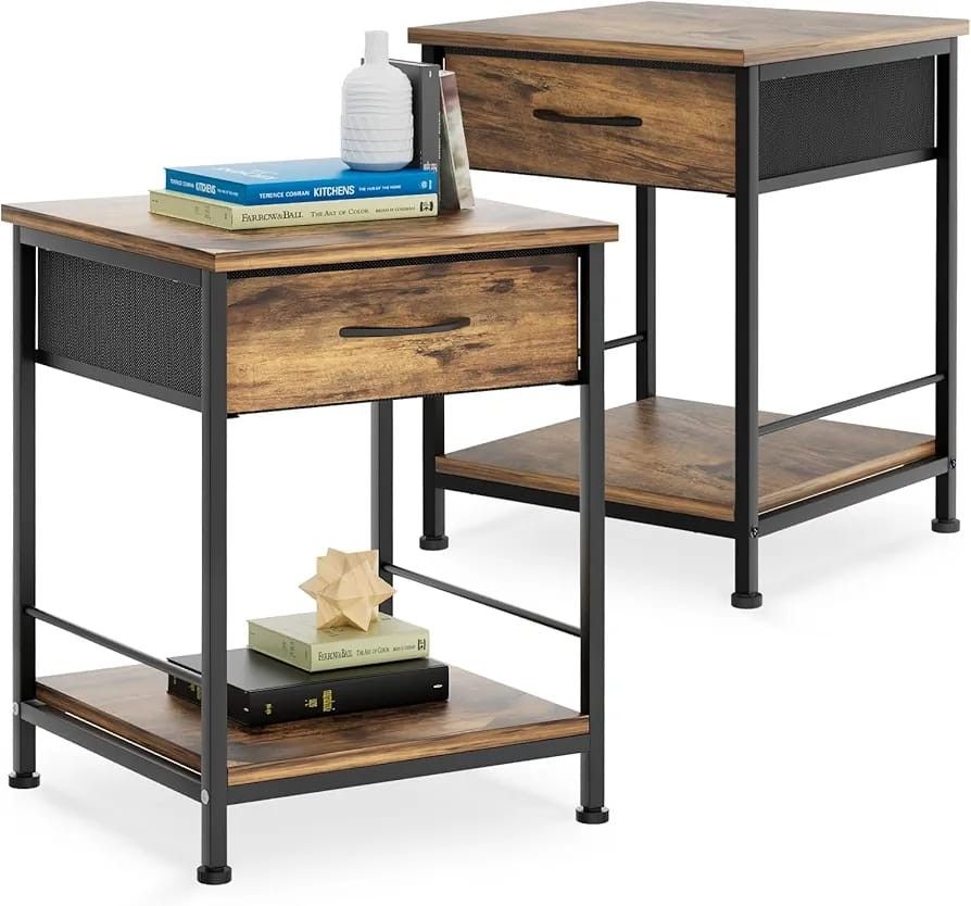 MoNiBloom Nightstand Set of 2 with Storage Shelf and Fabric Drawer, 2 Tiers Industrial Nightstand, Easy Assembly Modern Bedside Table Organizer for Be