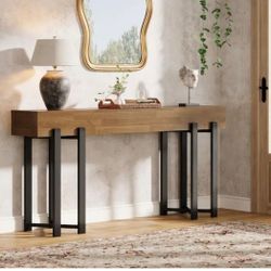 62.9 in. Deep Brown and Black Rectangle Engineered Wood Console Table with Metal Legs
