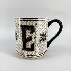 Anthropologie Gold Black Honeycomb Mosaic Tile Monogram “E” Initial Coffee Mug