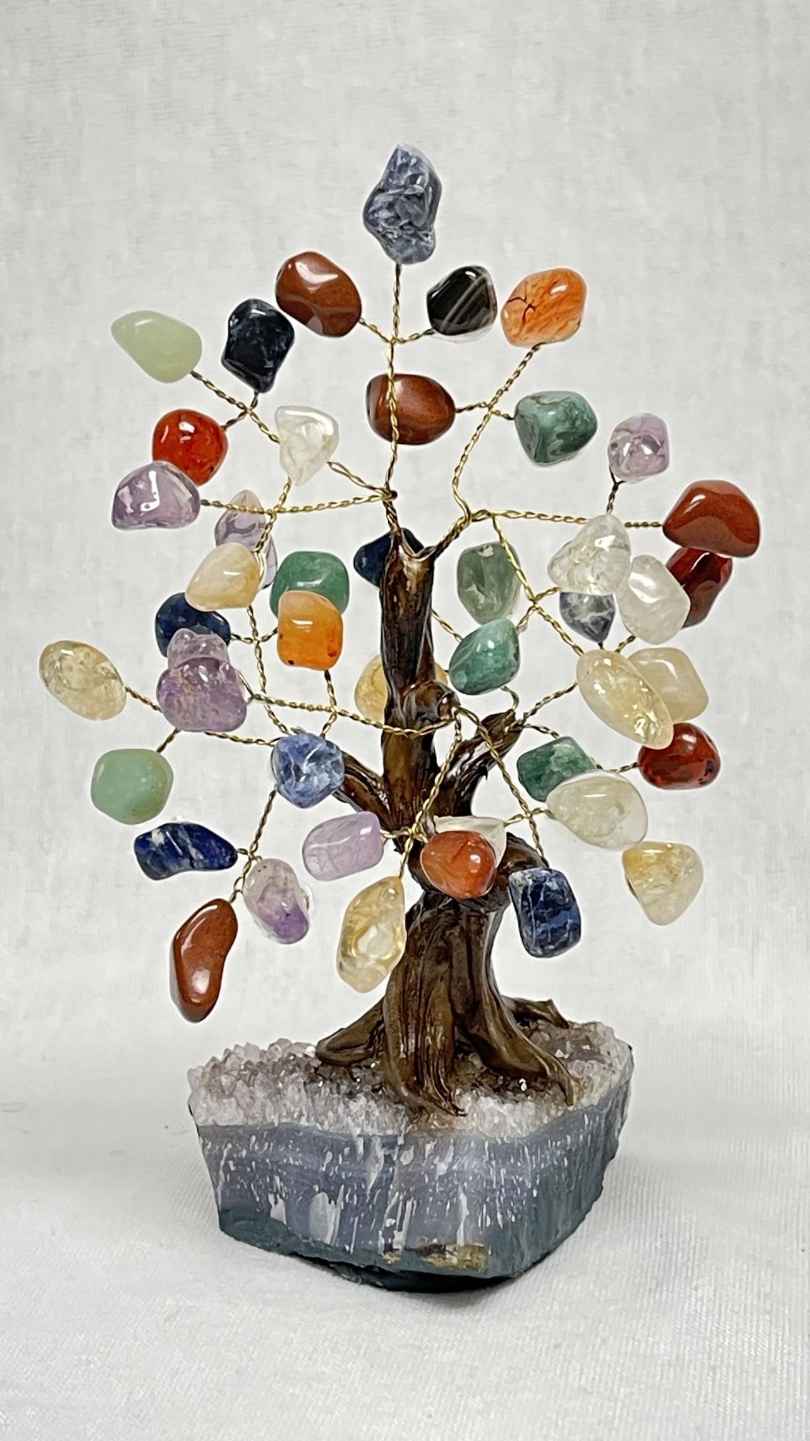 Handmade Multi - Polished Stones w/ Amethyst Crystal Base - Decorative Tree