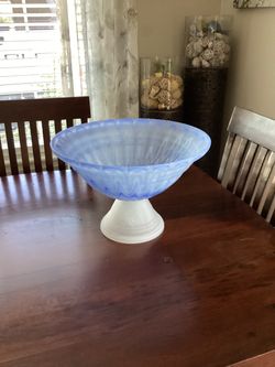 Murano Style Blue Frosted Swirl Glass With White Pedestal Bowl