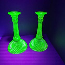 Vintage Candlestick Holders Green Vaseline Uranium Diamond Pattern