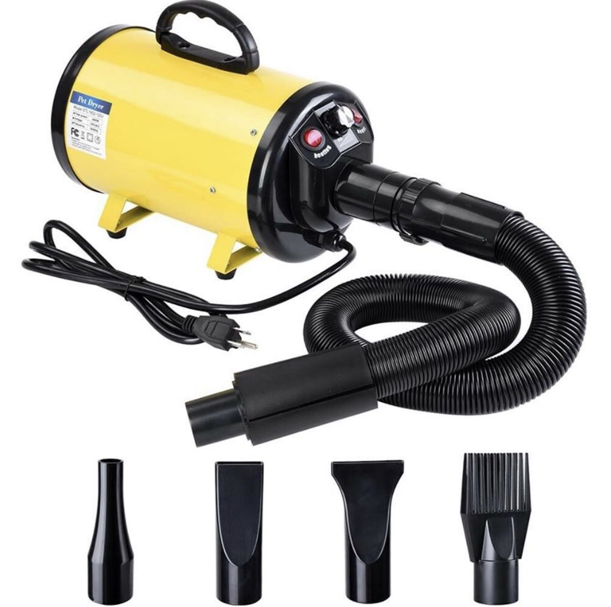 Pet Hair Dryer Heat Blower 3.2 HP with 4 Nozzles Accessory Supply for Dog Cat Hair. Available in Yellow/ Black or All Black