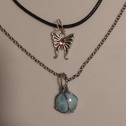 pink sapphire butterfly and larimar necklaces 