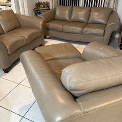 3-Piece Genuine Leather Sofa Set – Sofa, Loveseat & Chair – Taupe/Beige Leather