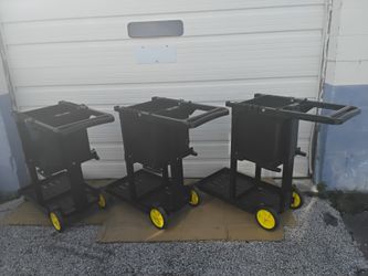3- Nice Black Service Work Station Carts On 4- Wheels Heavy Duty Construction Very Clean Like New.