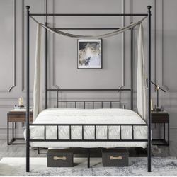 Metal Canopy Platform Bed Frame Four-Poster Canopied Bed Mattress Foundation with Headboard and Footboard Sturdy Slatted Structure No Box Spring Neede