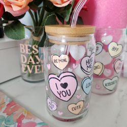 Libbey Can Glass Candy Hearts Sweet Hearts Valentine's Day Glass Cup Sweet Hearts Candy Graduation Gift Coffee Glass Cup