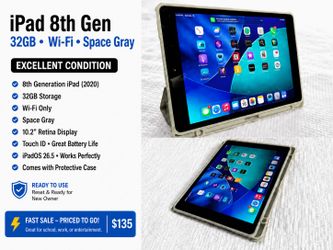 🔥 Apple iPad 8th Gen 32GB WiFi + Case 🔥
Excellent Condition • Ready To Use • iPadOS 26.5
