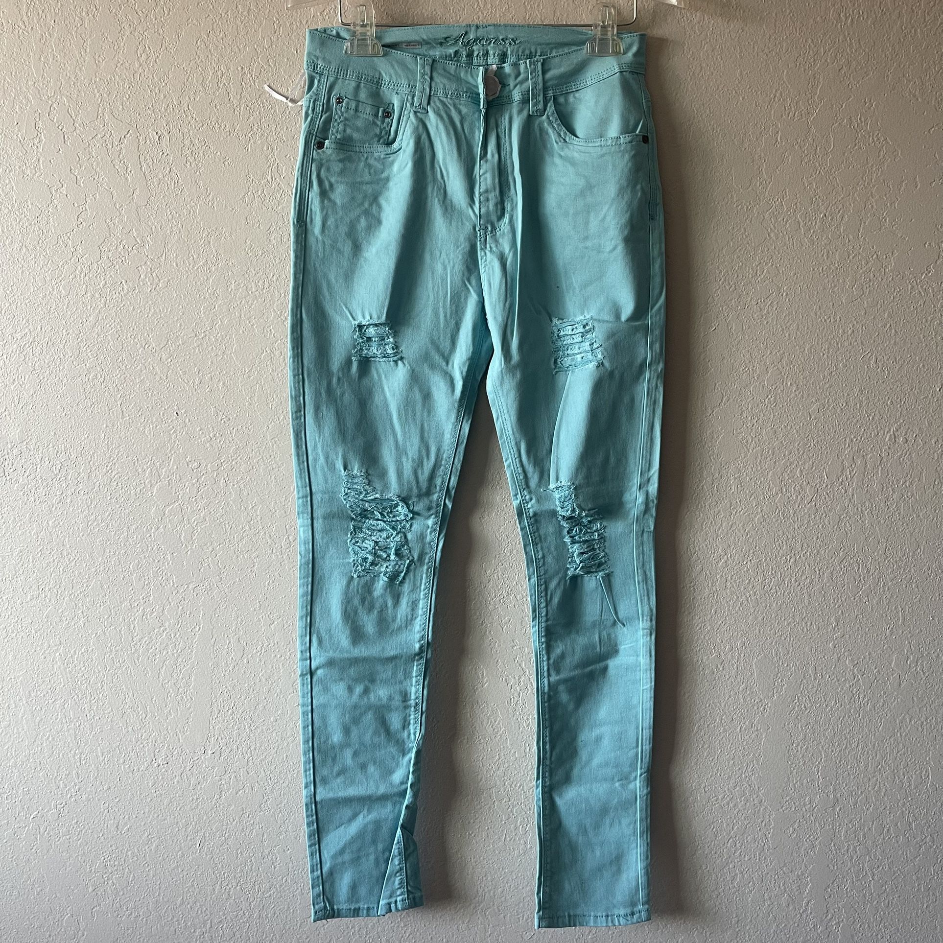 Agorss, NWOT Women’s Teal Blue Distressed Skinny Leg Pockets Pants, Size 15