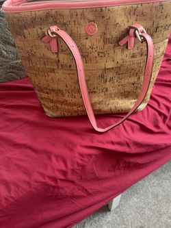 Anne Klein cork-style tote with pink/coral handles