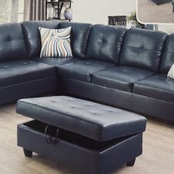 Blue Leather Sectional Couch And Ottoman