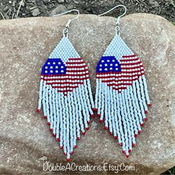 Heart Flag Beaded Earrings With Fringe, New, Handmade By Me
