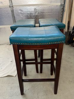 Set of 3 Teal Leather Bar Stools