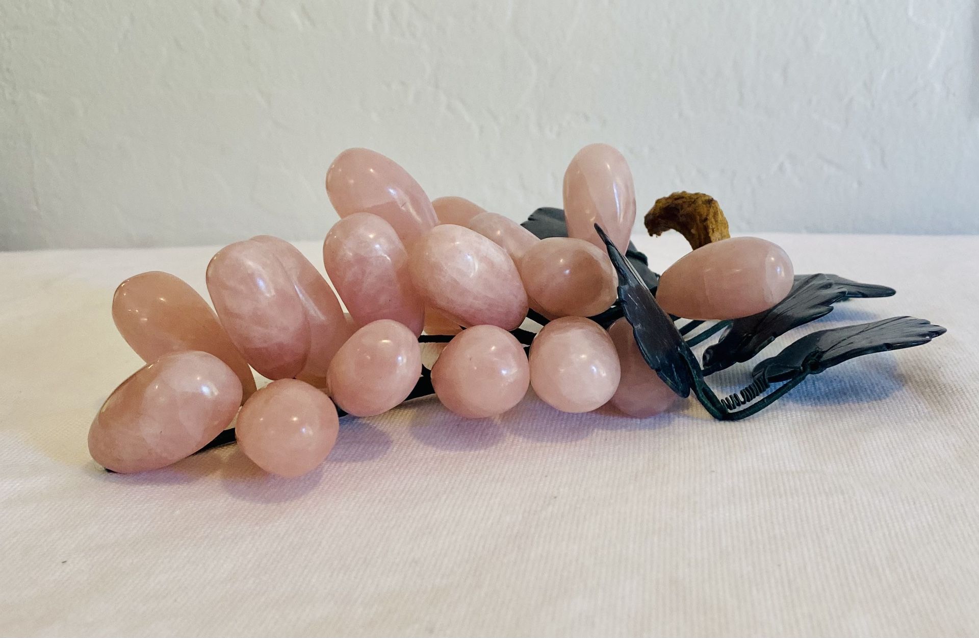 Vintage Mid Century Modern Pink Rose Quartz Stone Glass Grapes 9” long Long MCM