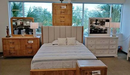 4PC Wooden color bedroom set with paded headboard