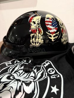 Black Half Helmet Skull Graphic two men and girl set