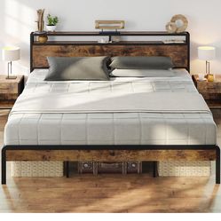 New in box King Size Bed Frame, Platform Bed with 2-Tier Storage Headboard, Solid and Stable, Noise Free, No Box Spring Needed, Easy Assembly,Vintage 
