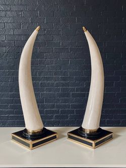 Pair of Post Modern Faux Tusks on Tessellated Marble & Brass Bases by Marquis Collection of Beverly Hills, c.1980s - Delivery Available 