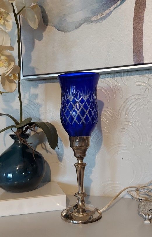 Vintage Silver cut crystal cobalt Blue Lamp