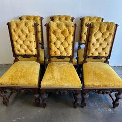6 Antique Gold Velvet Dining Chairs 