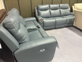 Real leather power recliner sofa and loveseat