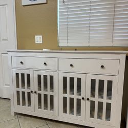 Brand New And Assembled Kitchen Buffet Sideboard, Modern Wood Storage Cabinet with 4 Glass Doors & 3 Adjustable Shelves for Dining Room, White