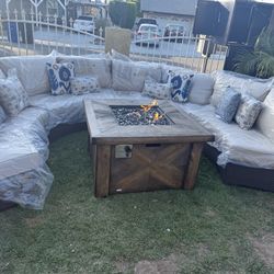 Brand New Patio Outdoor Furniture Set With Fire Pit Sunbrella Fabric 