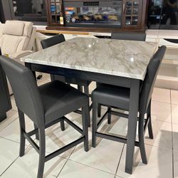 (NEW IN BOX) Dior Pub Faux Marble Table Top  + 4 Black Pu Chair Set