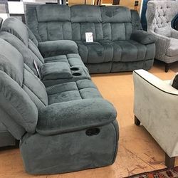 Grey Champagne Suede Recliner Sofa And Love Seat