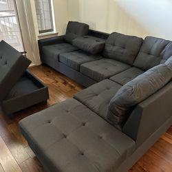 Brand New! Heights Black Fabric Linen Reversible Sectional w/Ottoman 