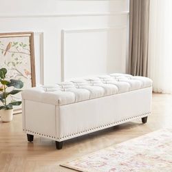 C-Ottoman with Storage, 50.8" Upholstered Button Tufted End of Bed Bench with Safety Hinge & Rivets, Large Entryway Bench, Foot Rest Stool for Bedroom