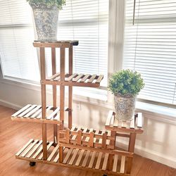 Plant Stand With Wheels: 7 Tiered Wooden Shelf Rolling Storage Rack Holder for Patio Garden 