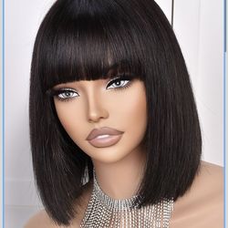 🔥Brand new🔥 Bob Wig Human Hair 210% Density Bob Wig with Bangs 100% Human Hair Wigs for Black Women Pre-Bleached Glueless Straight Bob Wigs(10Inch,b