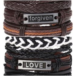 2 x Set Adjust. Size up to 9.5inc Leather Bracelet, (Forgiven-Love)
