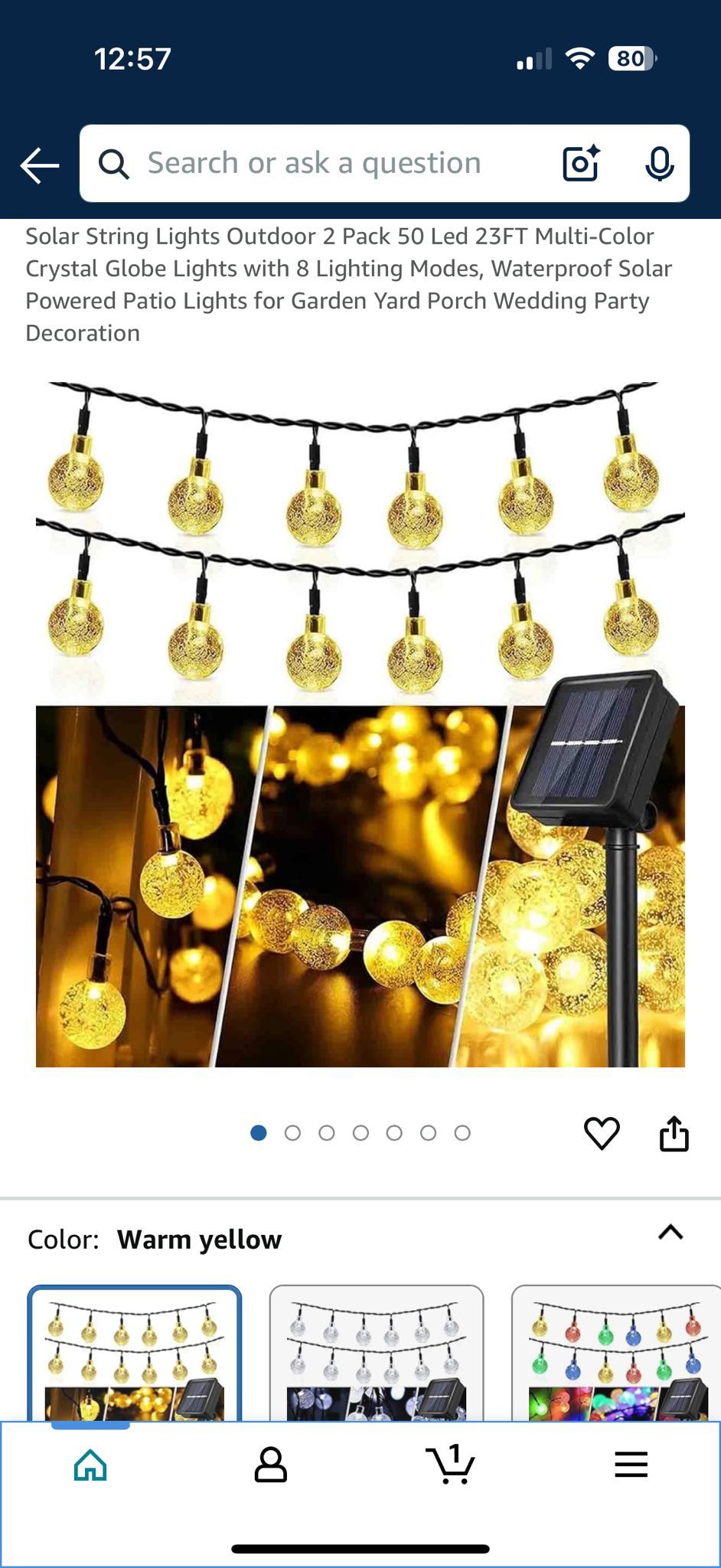 23FT 50 led solar String Lights Outdoor Crystal Globe Lights with 8 Lighting Modes, ip65Waterproof Solar Powered Patio Lights for Garden Yard Porch W
