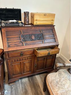 Vintage Oak Drop-Front Secretary Desk