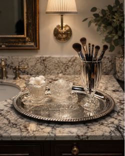 Vintage-Style Stainless Steel Vanity Tray, Crystal Dressing Set, ribbed glass vase