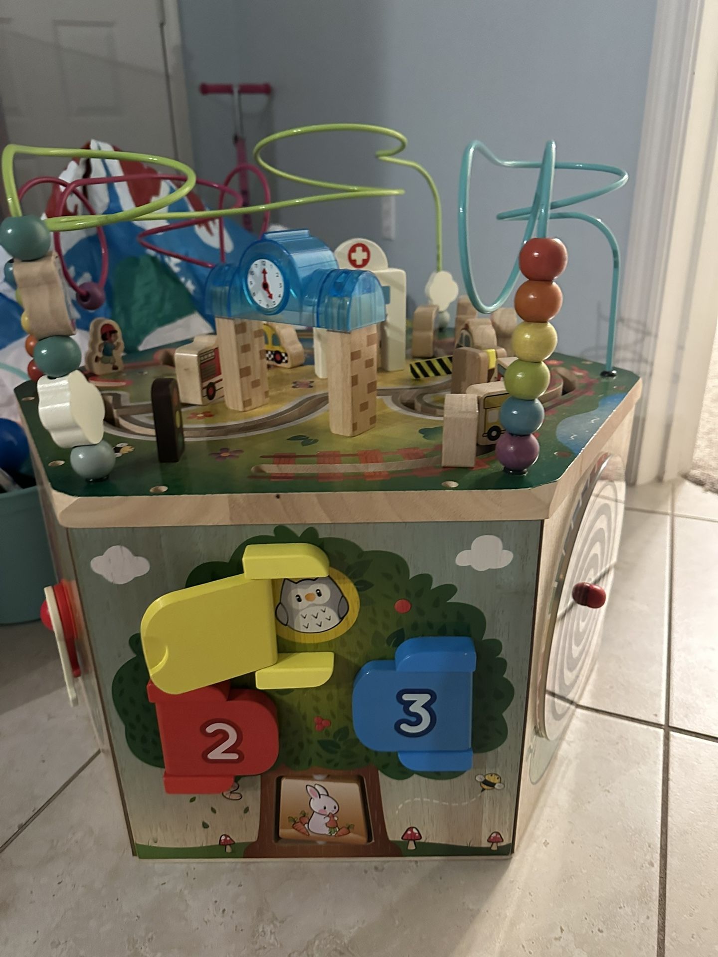 Large– Wooden Activity Cube – City-Themed Activity Center – Educational Toys