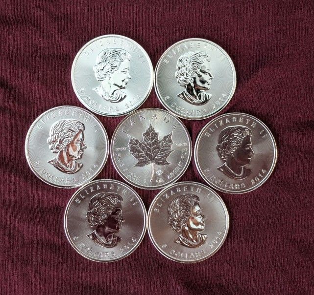 2013 Canadian Maple Leafs 7 silver coins 1 troy oz each