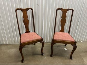 Pair of Vintage Queen Anne Dining Chairs with Pink Damask Upholstery