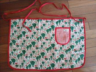 adorable red and green cotton quilted gingham waist apron, handmade in Korea, carrot/turnip print