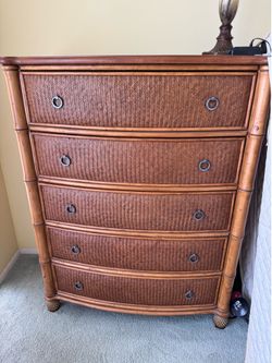Beautiful 5 drawer rattan dresser & rattan 3 drawer night stand