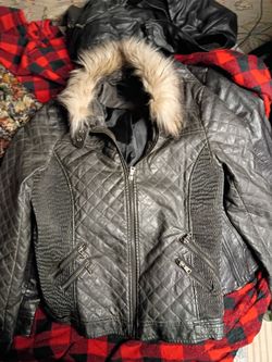 Black Quilted Faux Leather Jacket with Fur Collar